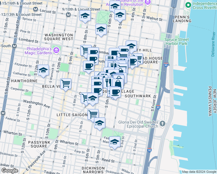 map of restaurants, bars, coffee shops, grocery stores, and more near 762 South 5th Street in Philadelphia