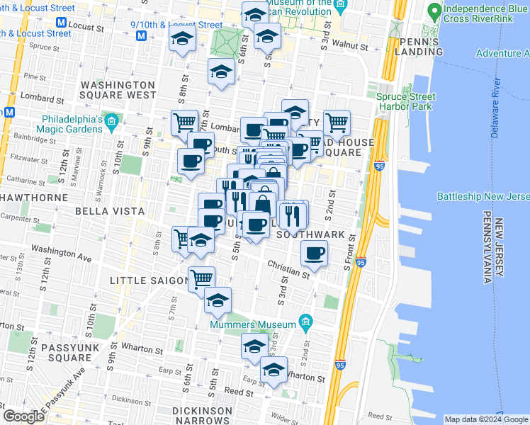 map of restaurants, bars, coffee shops, grocery stores, and more near 748 South 4th Street in Philadelphia