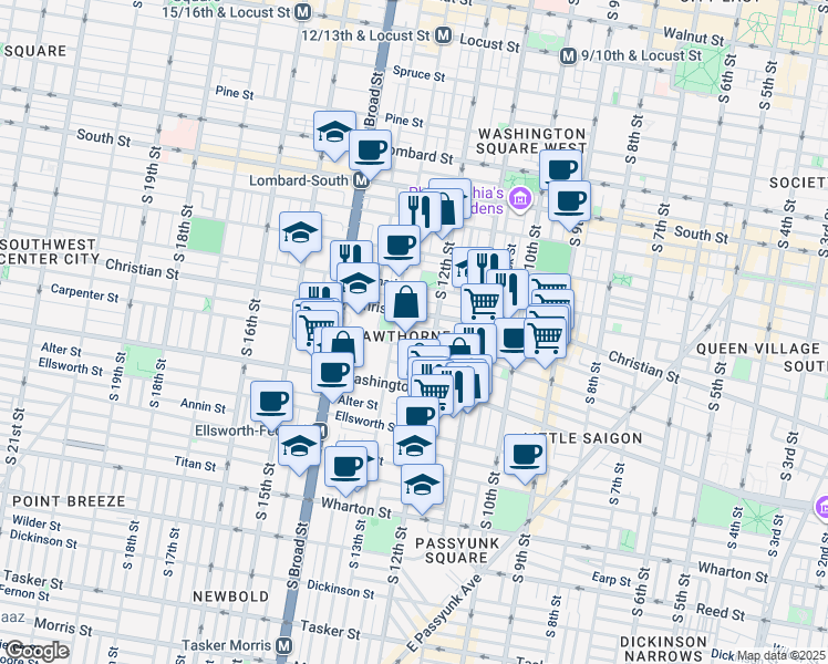 map of restaurants, bars, coffee shops, grocery stores, and more near 1218 Montrose Street in Philadelphia