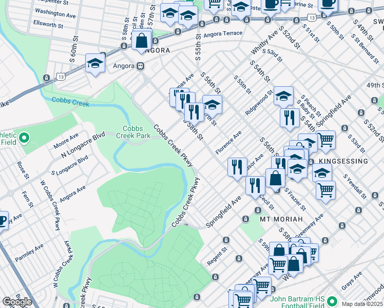 map of restaurants, bars, coffee shops, grocery stores, and more near 5841 Pentridge Street in Philadelphia