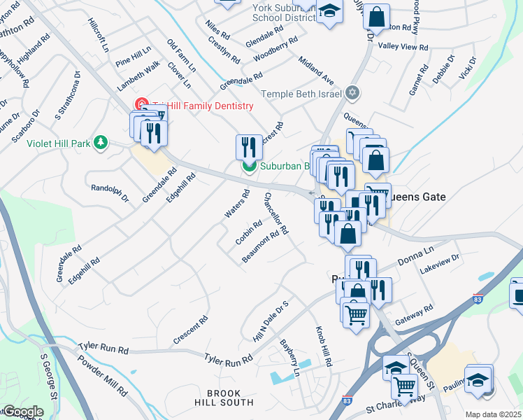 map of restaurants, bars, coffee shops, grocery stores, and more near 423 Corbin Rd in York
