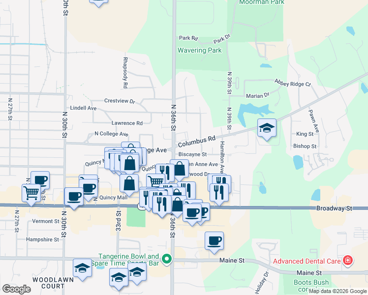 map of restaurants, bars, coffee shops, grocery stores, and more near 3609 Biscayne St in Quincy