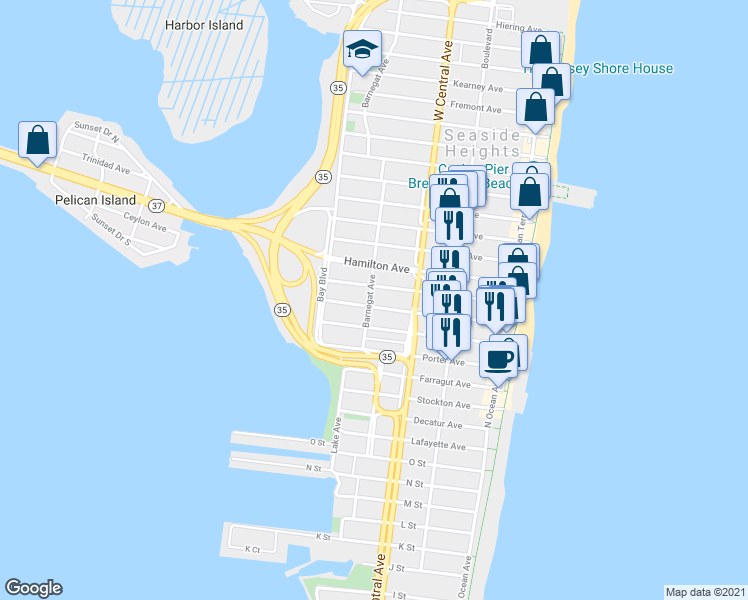 map of restaurants, bars, coffee shops, grocery stores, and more near 234 Lincoln Avenue in Seaside Heights