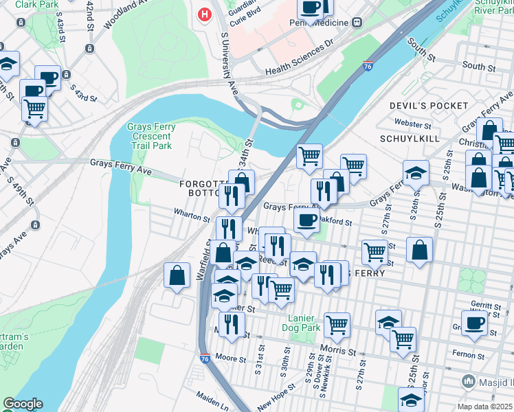 map of restaurants, bars, coffee shops, grocery stores, and more near 3218 Grays Ferry Avenue in Philadelphia