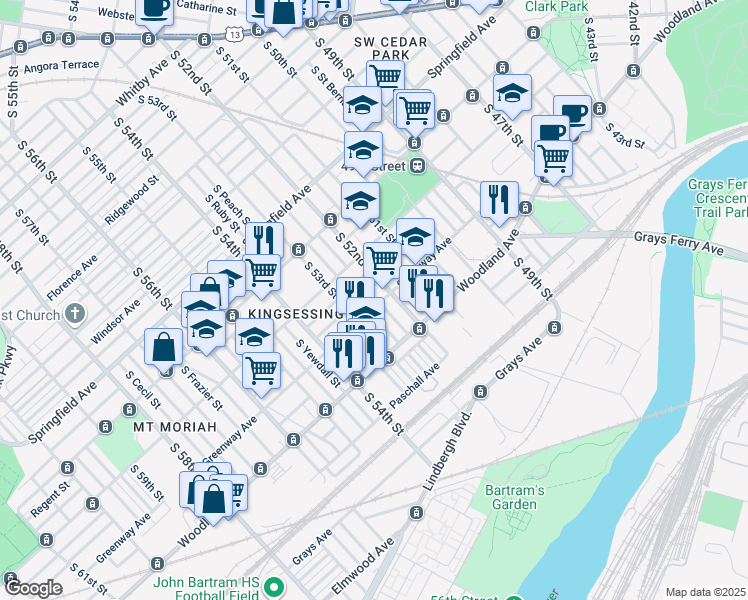 map of restaurants, bars, coffee shops, grocery stores, and more near 5221 Greenway Avenue in Philadelphia