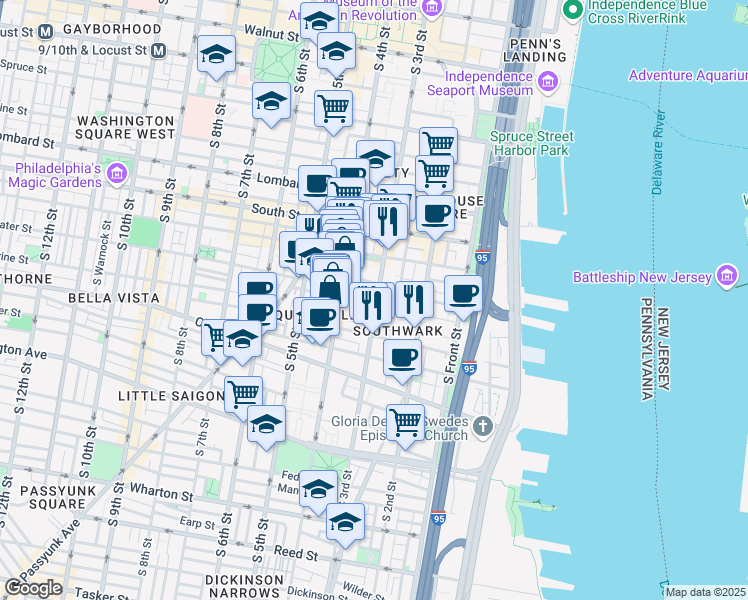 map of restaurants, bars, coffee shops, grocery stores, and more near 742 South 3rd Street in Philadelphia