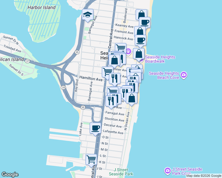 map of restaurants, bars, coffee shops, grocery stores, and more near 133 Franklin Avenue in Seaside Heights