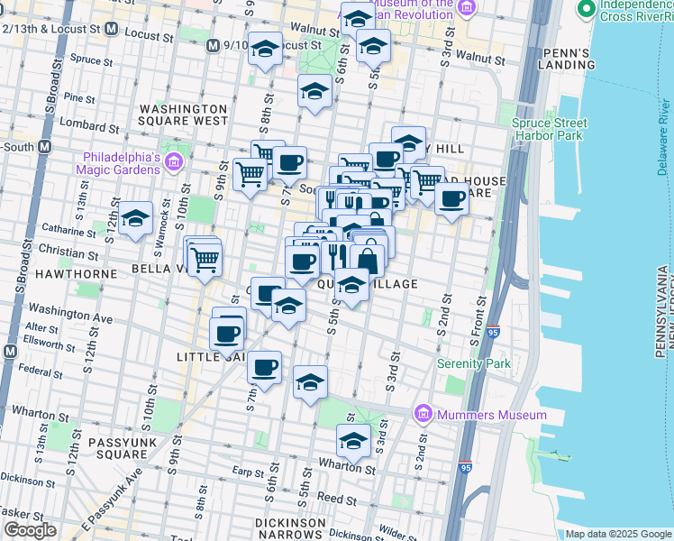 map of restaurants, bars, coffee shops, grocery stores, and more near 762 South 5th Street in Philadelphia