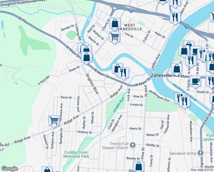 map of restaurants, bars, coffee shops, grocery stores, and more near 104 Chapman Street in Zanesville