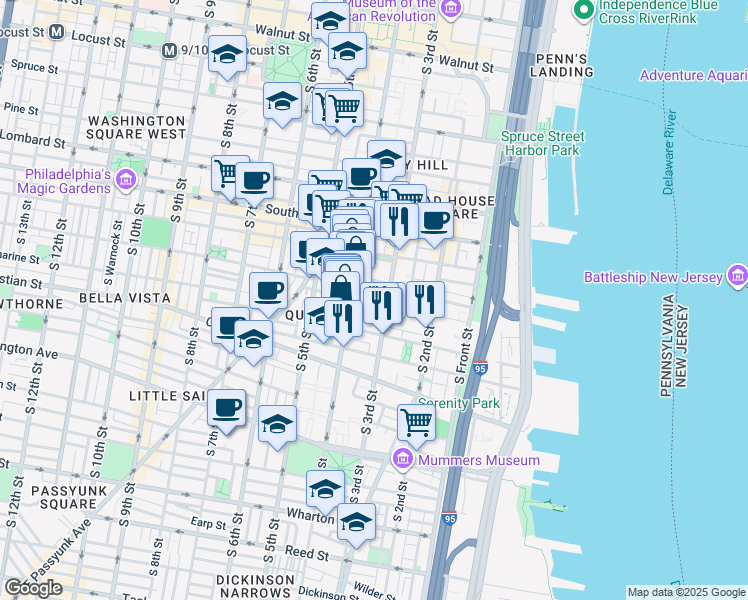map of restaurants, bars, coffee shops, grocery stores, and more near 315 Fitzwater Street in Philadelphia