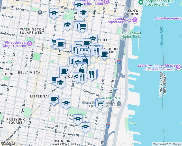 map of restaurants, bars, coffee shops, grocery stores, and more near 307 Fitzwater Street in Philadelphia