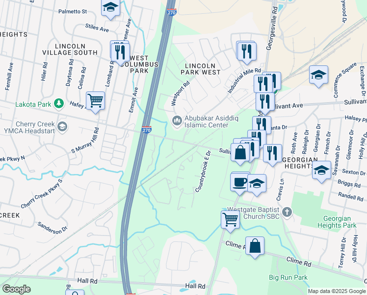 map of restaurants, bars, coffee shops, grocery stores, and more near 4501 Sullivant Avenue in Columbus