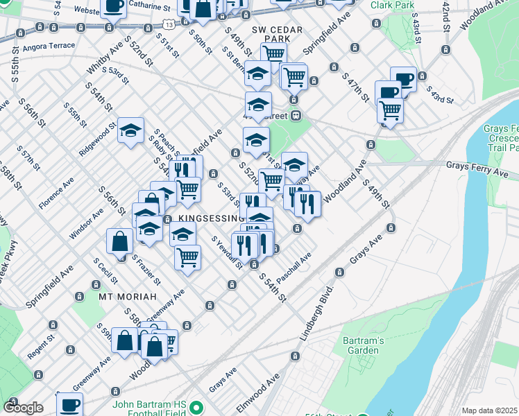 map of restaurants, bars, coffee shops, grocery stores, and more near 5232 Upland Street in Philadelphia