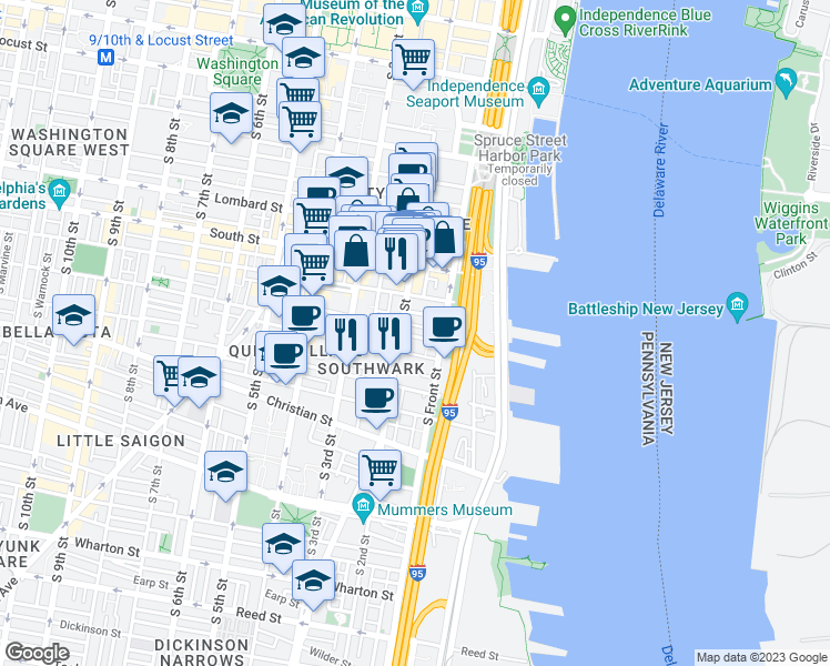 map of restaurants, bars, coffee shops, grocery stores, and more near 135 Pemberton Street in Philadelphia