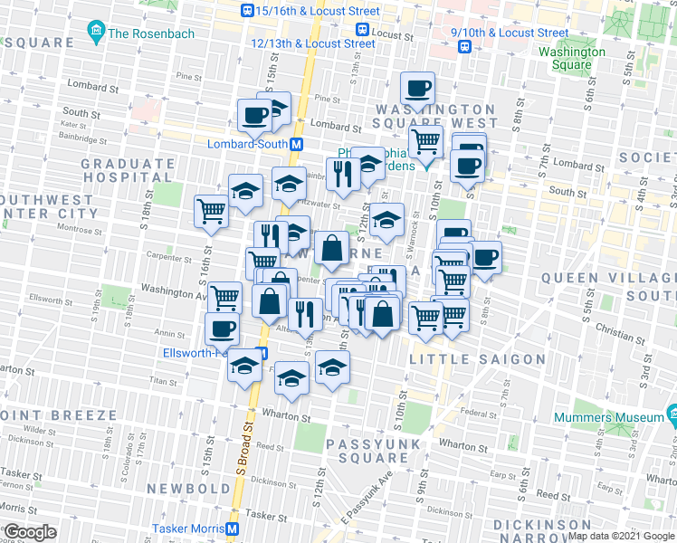 map of restaurants, bars, coffee shops, grocery stores, and more near 1218 Montrose Street in Philadelphia