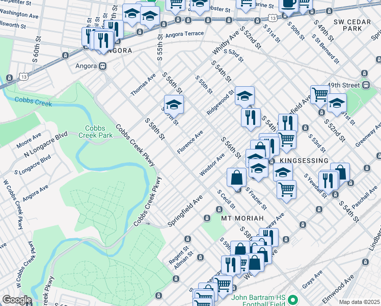 map of restaurants, bars, coffee shops, grocery stores, and more near 5727 Beaumont Avenue in Philadelphia