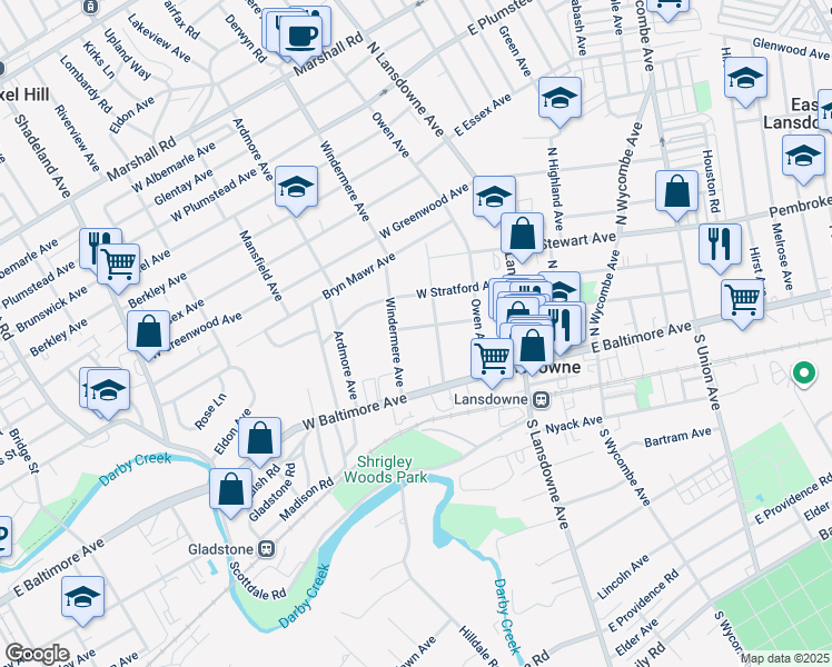 map of restaurants, bars, coffee shops, grocery stores, and more near 80 West Lacrosse Avenue in Lansdowne