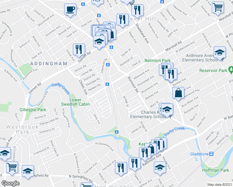 map of restaurants, bars, coffee shops, grocery stores, and more near 245 Blanchard Road in Upper Darby