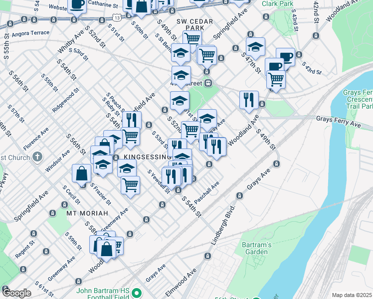 map of restaurants, bars, coffee shops, grocery stores, and more near 5221 Greenway Avenue in Philadelphia