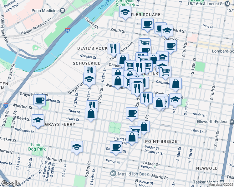 map of restaurants, bars, coffee shops, grocery stores, and more near 2340 Alter Street in Philadelphia