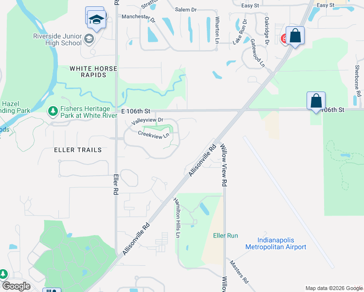 map of restaurants, bars, coffee shops, grocery stores, and more near 6271 Valleyview Drive in Fishers