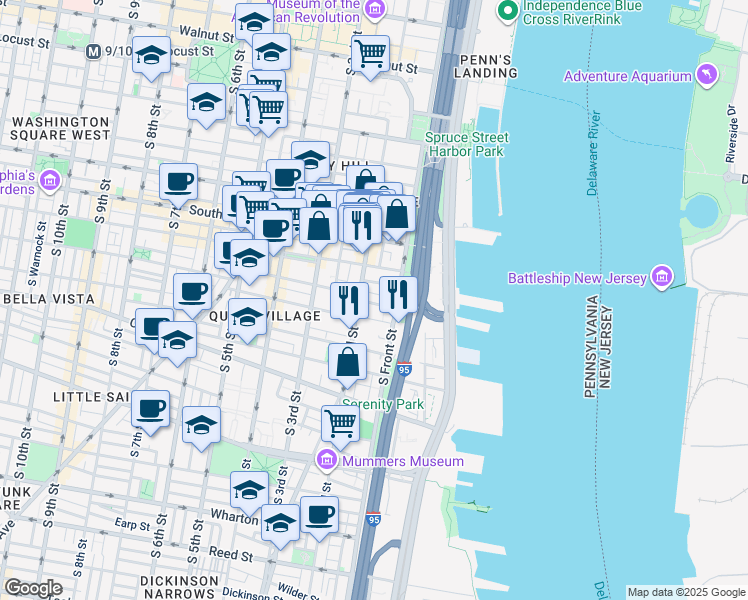 map of restaurants, bars, coffee shops, grocery stores, and more near 129 Pemberton Street in Philadelphia