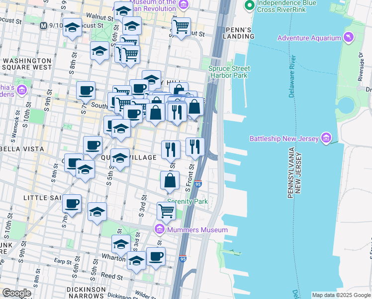 map of restaurants, bars, coffee shops, grocery stores, and more near 123 Pemberton Street in Philadelphia