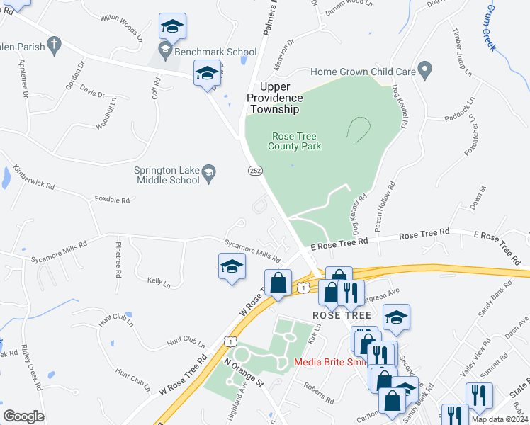 map of restaurants, bars, coffee shops, grocery stores, and more near 220 Park Place in Media