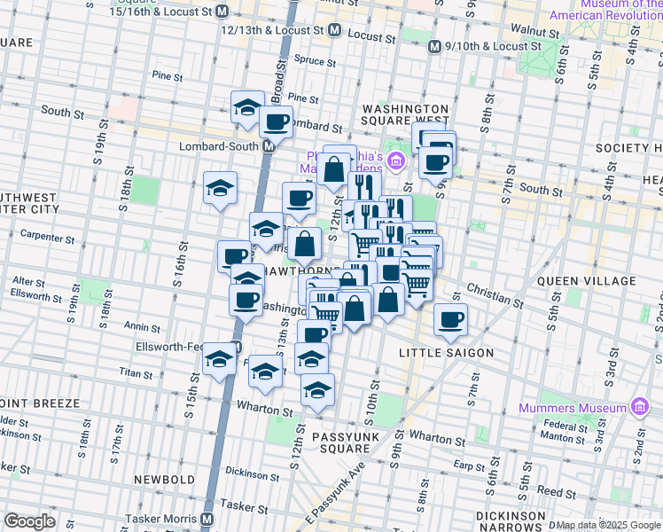 map of restaurants, bars, coffee shops, grocery stores, and more near 909 South 12th Street in Philadelphia