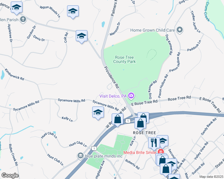map of restaurants, bars, coffee shops, grocery stores, and more near 220 Park Place in Media