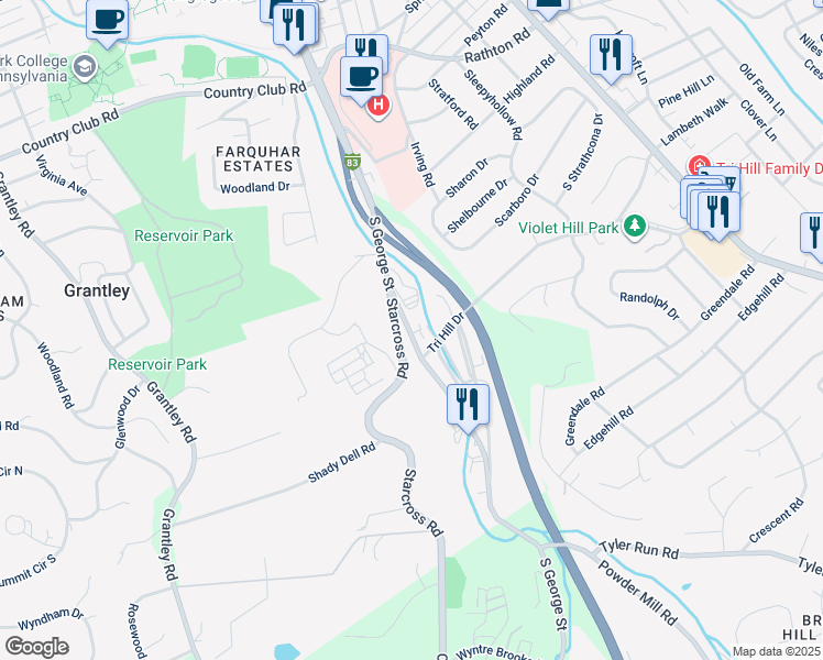 map of restaurants, bars, coffee shops, grocery stores, and more near 1353 South George Street in York
