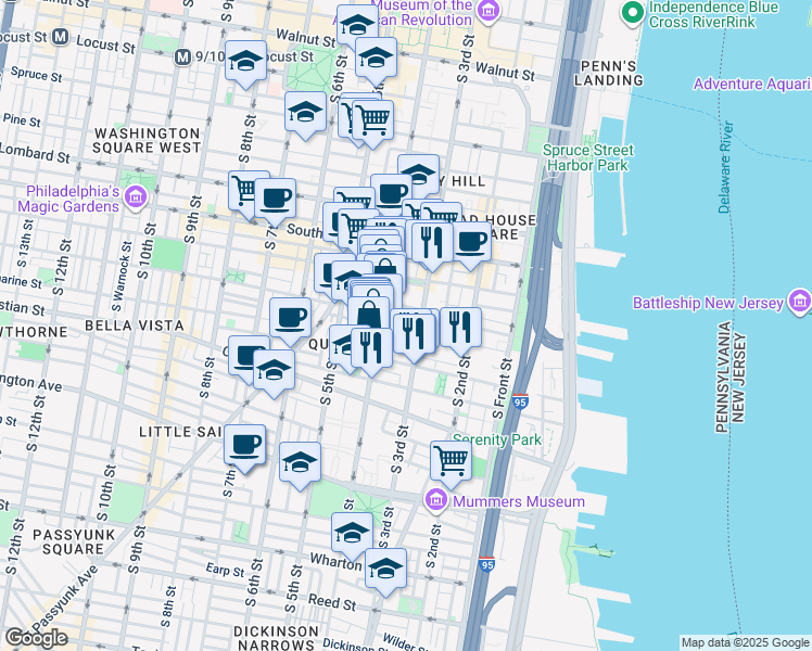 map of restaurants, bars, coffee shops, grocery stores, and more near 315 Fitzwater Street in Philadelphia