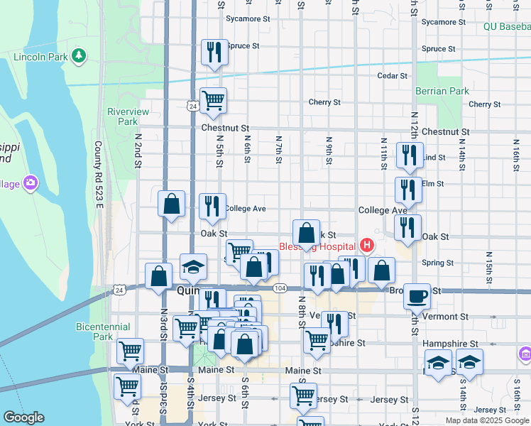 map of restaurants, bars, coffee shops, grocery stores, and more near 624 College Avenue in Quincy