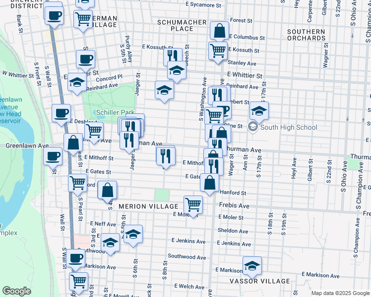 map of restaurants, bars, coffee shops, grocery stores, and more near 367 Thurman Avenue in Columbus