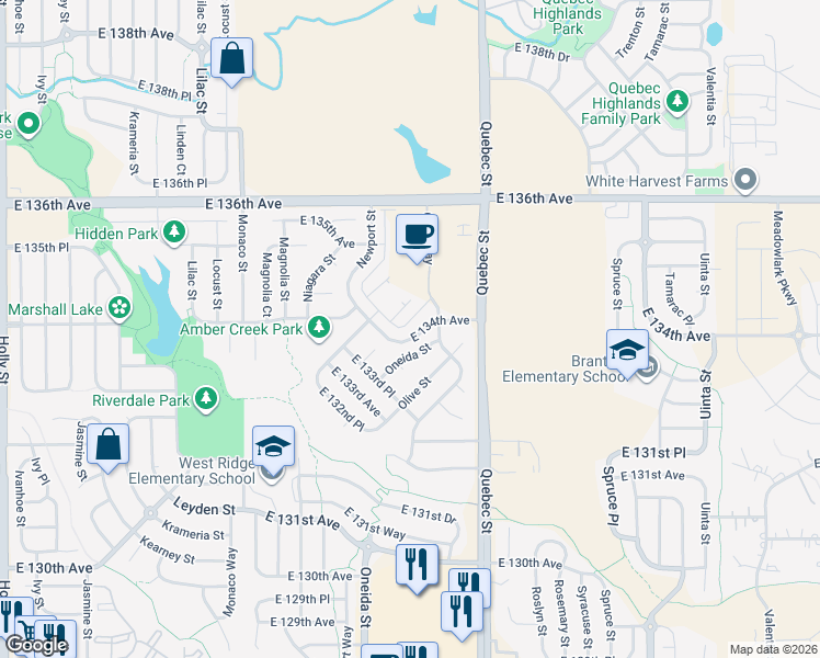 map of restaurants, bars, coffee shops, grocery stores, and more near 13391 Oneida Street in Thornton