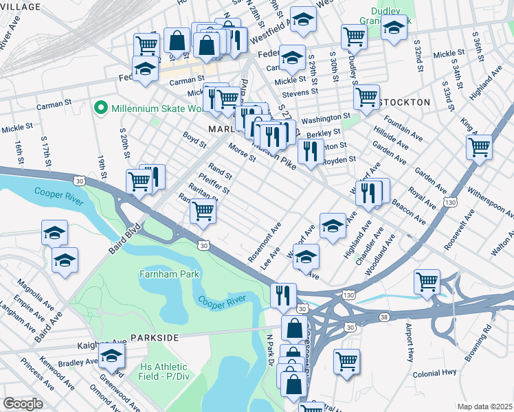 map of restaurants, bars, coffee shops, grocery stores, and more near 535 Pfeiffer Street in Camden