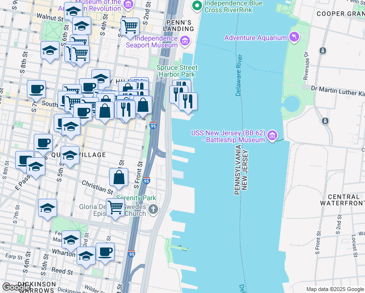 map of restaurants, bars, coffee shops, grocery stores, and more near 717 South Christopher Columbus Boulevard in Philadelphia