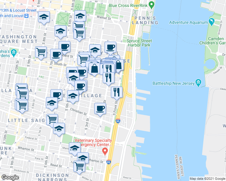 map of restaurants, bars, coffee shops, grocery stores, and more near in Philadelphia
