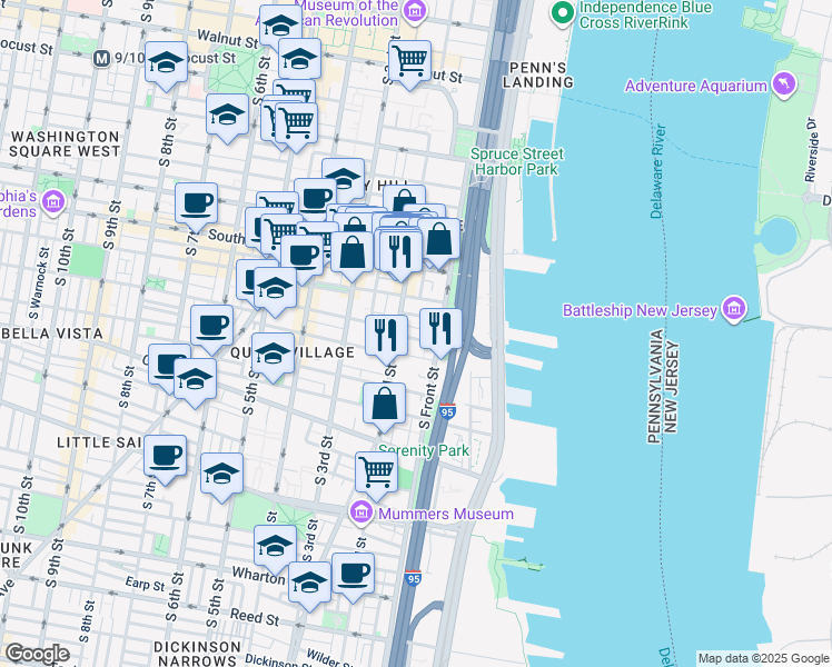 map of restaurants, bars, coffee shops, grocery stores, and more near 129 Pemberton Street in Philadelphia