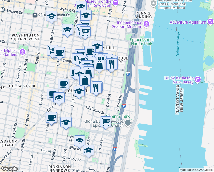 map of restaurants, bars, coffee shops, grocery stores, and more near 221 Fitzwater Street in Philadelphia