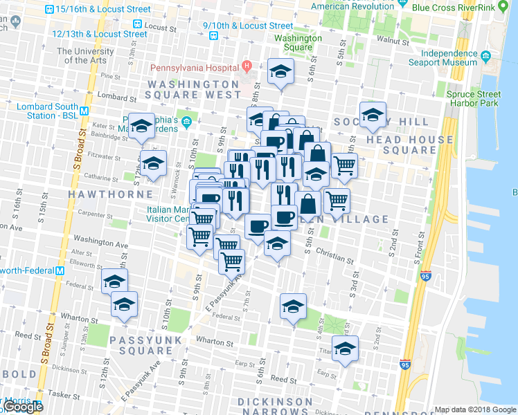 map of restaurants, bars, coffee shops, grocery stores, and more near 641 Catharine Street in Philadelphia