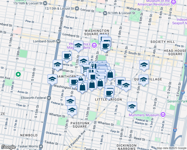 map of restaurants, bars, coffee shops, grocery stores, and more near 932 South 10th Street in Philadelphia