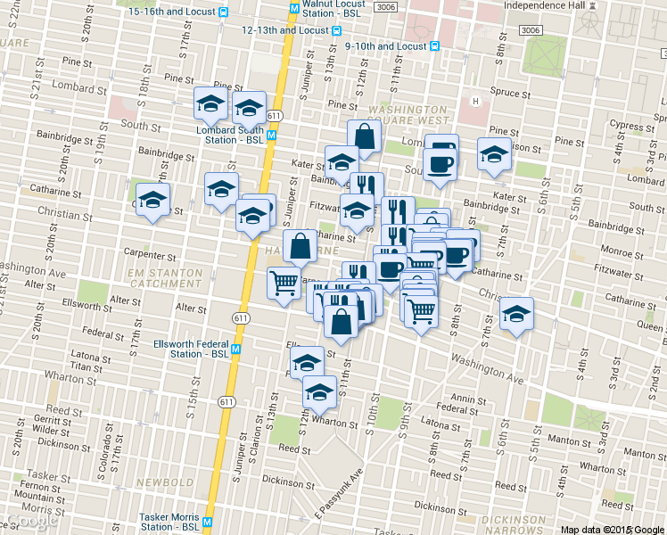 map of restaurants, bars, coffee shops, grocery stores, and more near 1118 Montrose Street in Philadelphia