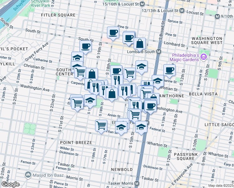 map of restaurants, bars, coffee shops, grocery stores, and more near 1009 South 17th Street in Philadelphia