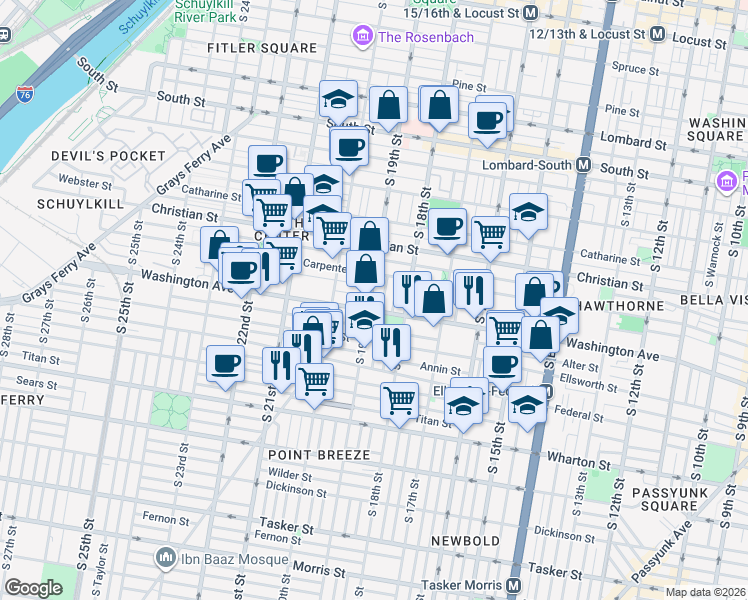 map of restaurants, bars, coffee shops, grocery stores, and more near 1047 Dorrance Street in Philadelphia