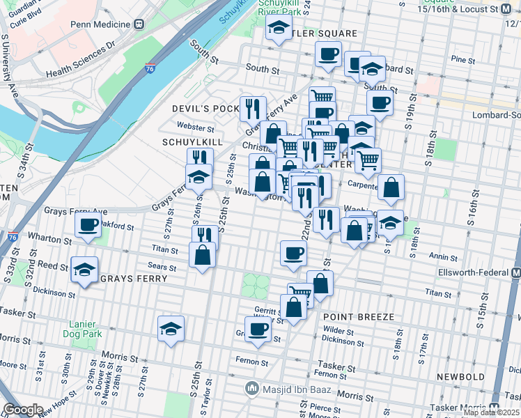 map of restaurants, bars, coffee shops, grocery stores, and more near 2340 Alter Street in Philadelphia