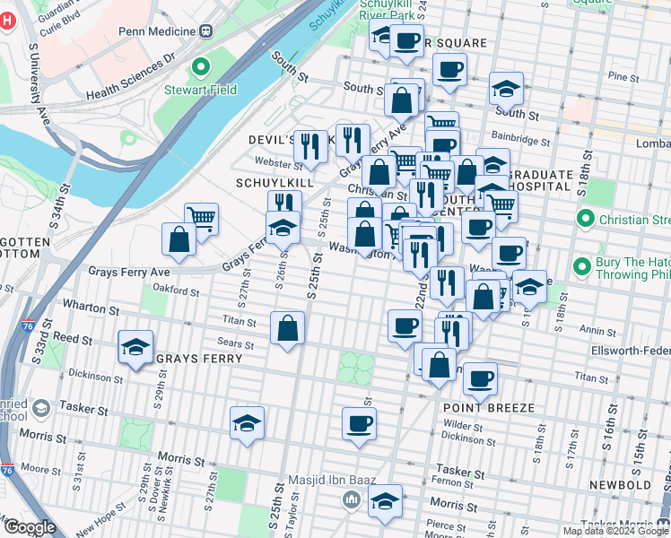map of restaurants, bars, coffee shops, grocery stores, and more near 2400 Ellsworth Street in Philadelphia