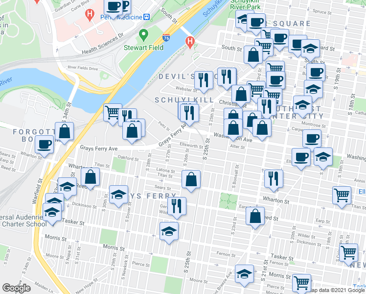 map of restaurants, bars, coffee shops, grocery stores, and more near 2616 Annin Street in Philadelphia