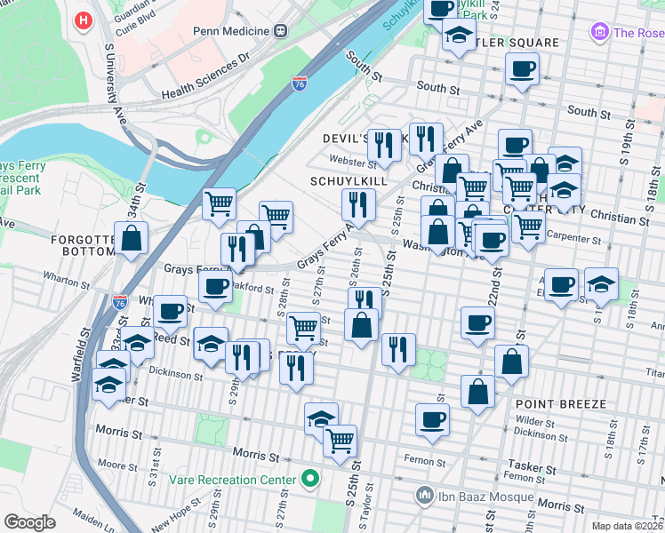 map of restaurants, bars, coffee shops, grocery stores, and more near 2614 Annin Street in Philadelphia