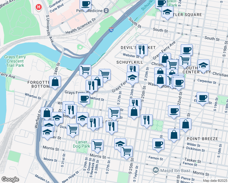 map of restaurants, bars, coffee shops, grocery stores, and more near 2719 Federal Street in Philadelphia